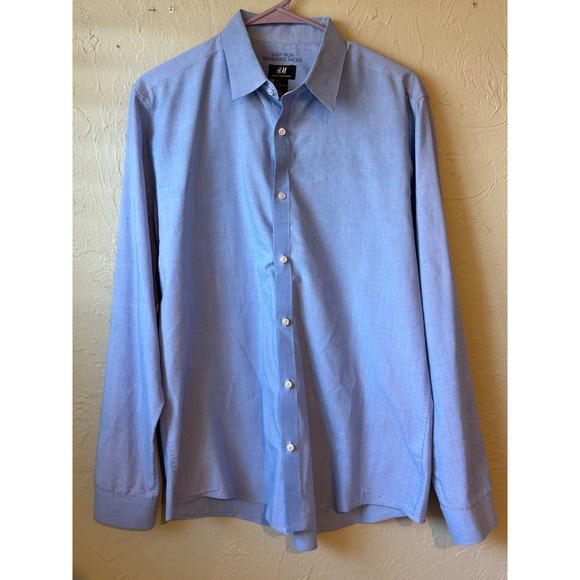 HM Mens Light Blue Easy Iron Slim Fit Long Sleeve Button Down Dress Shirt Large - Picture 1 of 5